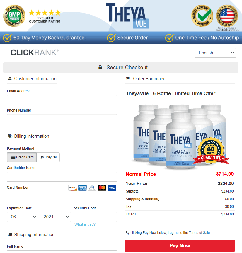 TheyaVue secure order page — 256-bit SSL encrypted checkout
